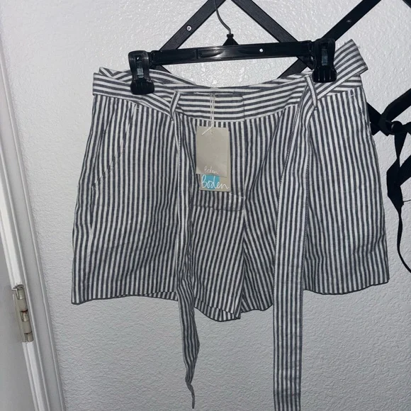 Boden Cora Striped Linen Tie Waist Shorts Blue White US 6 NWT Summer Beach Casua - Picture 2 of 5